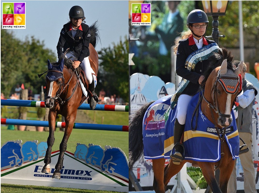 Un an sépare ces deux photos. Une peine incommensurable à la sortie du dernier tour sur celle de gauche où Ninon est passée à deux doigts de la médaille d’or de la finale individuelle des championnats d’Europe d’Arezzo en 2013. L’avant dernier obstacle est un triple : le premier élément est passé, le second aussi, mais l’étalon s’arrête sur la sortie. Incompréhension. Le couple revient sur la combinaison et passe le dernier. Avec 4 points pour ce refus et 4 autres de temps, le couple totalise au final 9 points et n’est pas du barrage pour l’argent et le bronze (7e). La saison suivante, rien n’échappera à Ninon et Quabar. Ils sont grandioses et raflent tout. Leur carrière se termine en apothéose avec un titre de champion de France et deux médailles d’or au championnat d’Europe de Millstreet ! – ph. Poney As